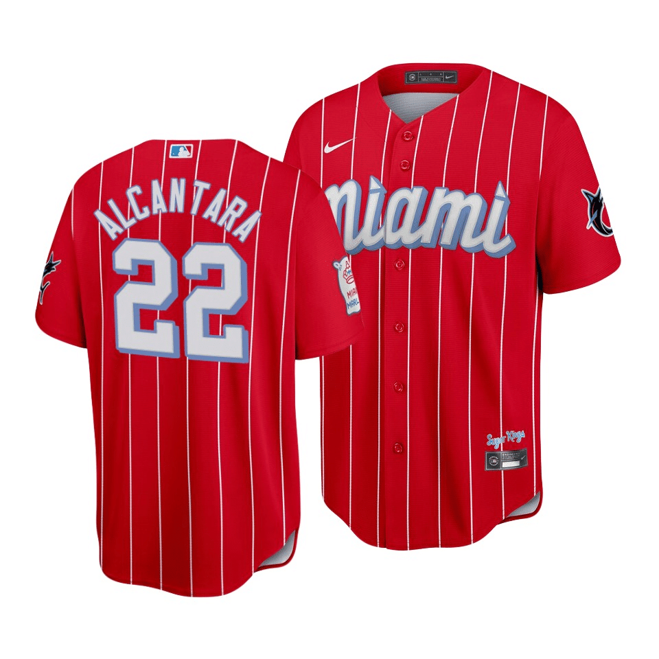Men's Red Miami Marlins #22 Sandy Alcantara 2021 City Connect Cool Base Stitched Jersey